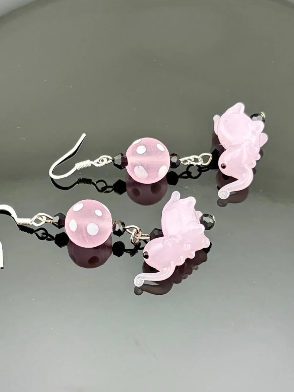 Pink Elephant Polka Dot Lamp Work Glass Bead Handmade Handcrafted Earrings LR223